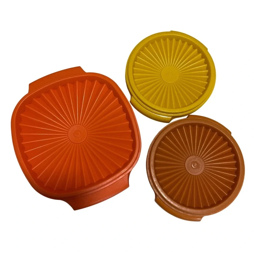 Vtg Tupperware 3 Piece Set Sunburst Servalier with Lids  840 & 886 Nostalgia 70s